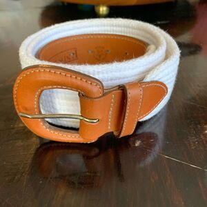 Lands’ End Leather & Canvas Belt – Made in USA, Tan & White, Preppy Classic